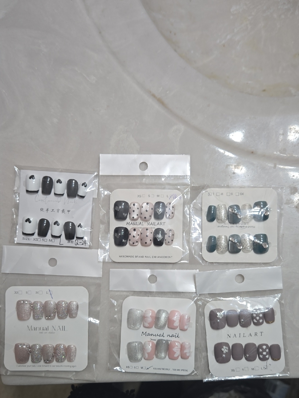 Assorted Press-On Nail Sets - Grey, Pink, Silver
